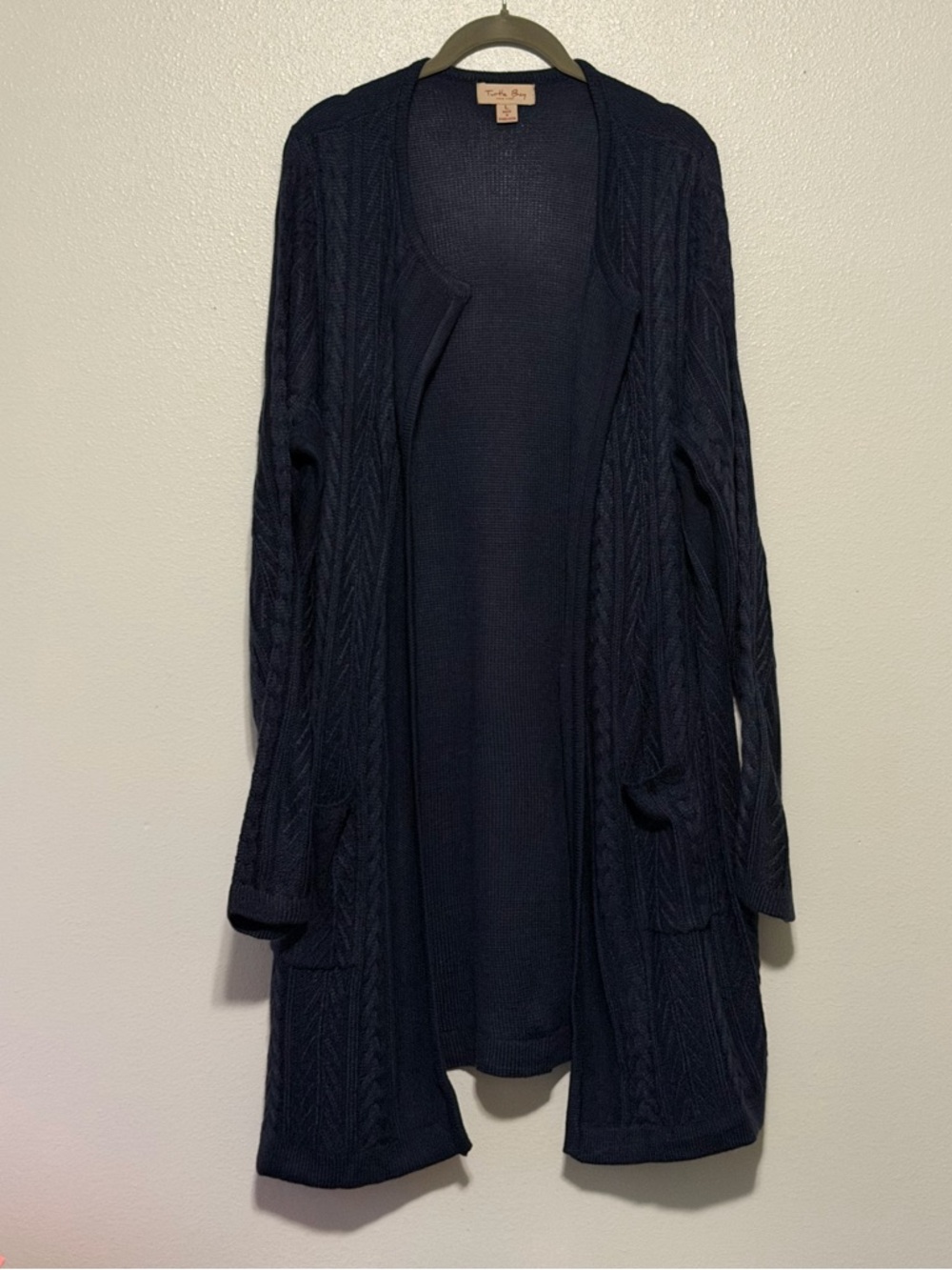 Open-Front Long Cable Knit Cardigan Sweater - Navy